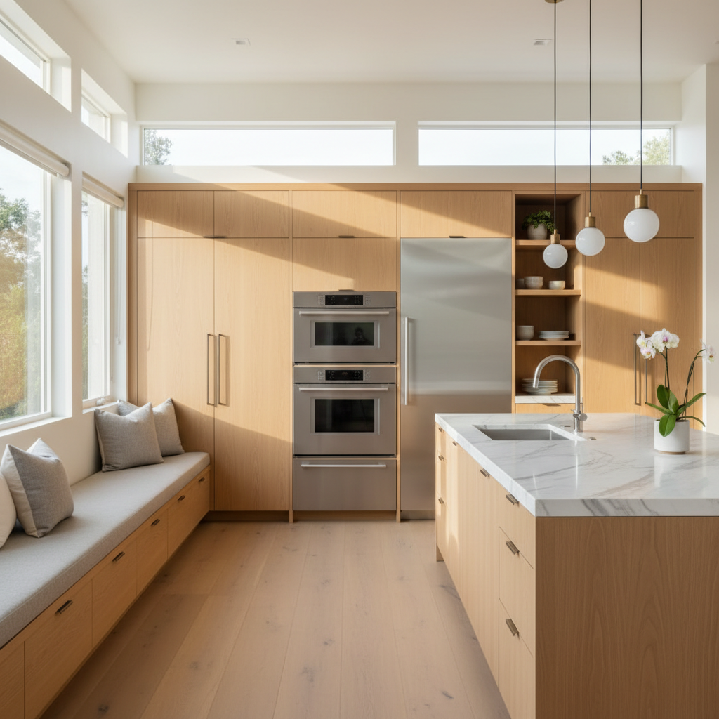 Upscale kitchen with integrated refrigerator and wall oven